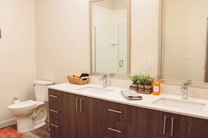 Douche, séchoir à cheveux, serviettes fournies, shampooing