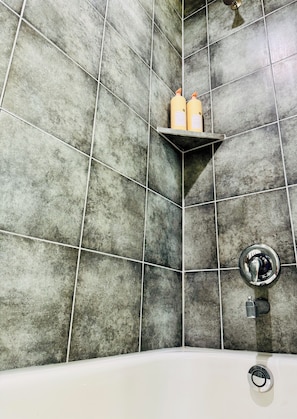 Hair dryer, towels, soap, shampoo