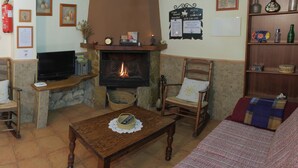 Een gezellige woonkamer met een open haard, houten meubels en een televisie.