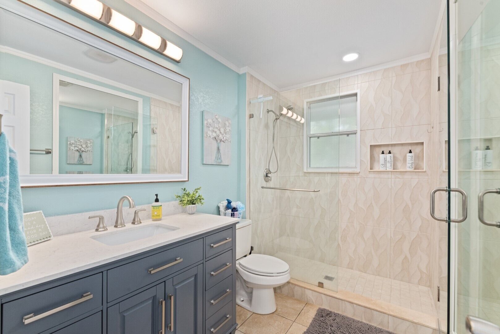 Eco-friendly toiletries, hair dryer, towels
