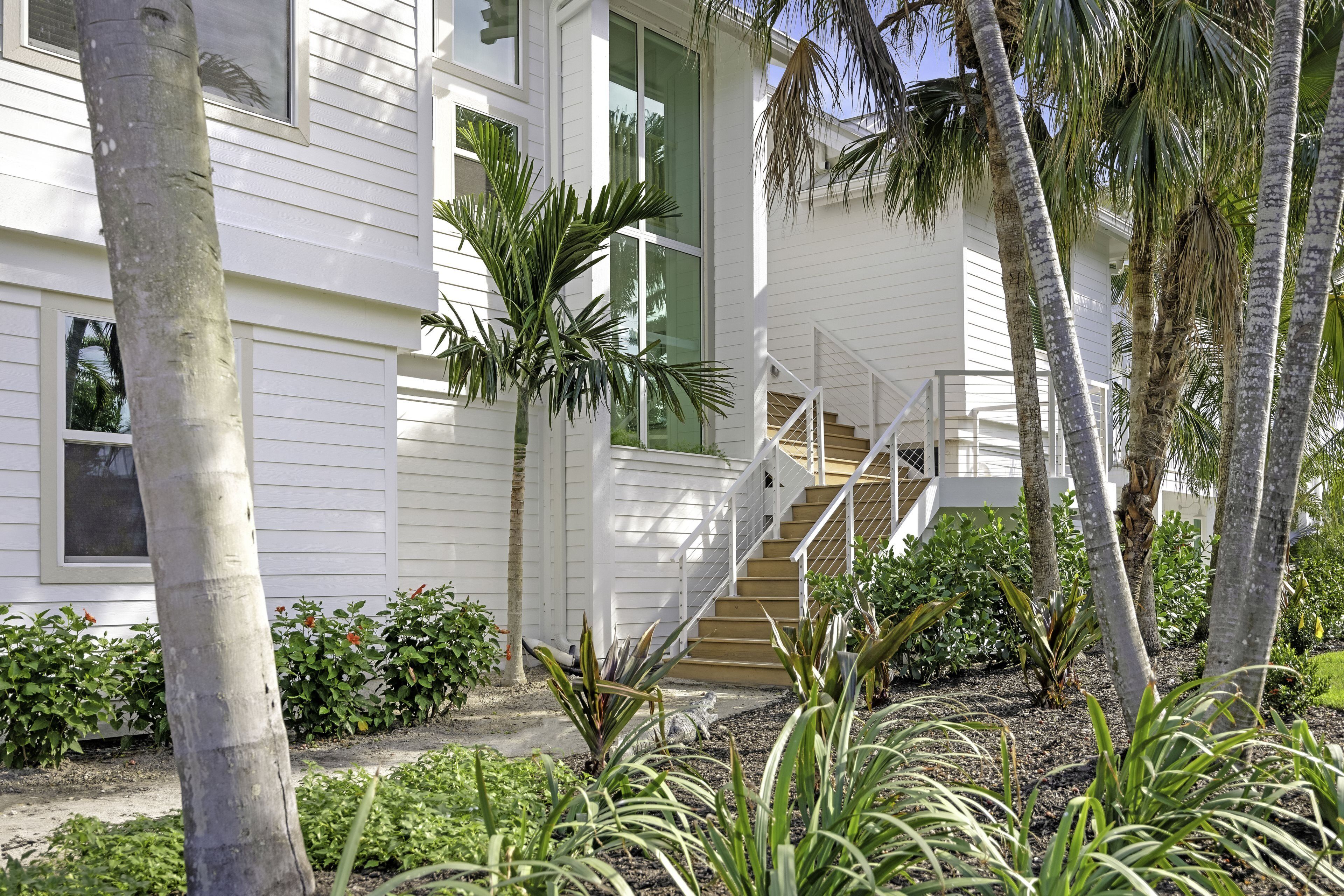 A white building with a staircase leading to a porch surrounded by tropical plants.