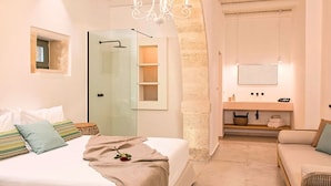Une chambre moderne dotée d’une douche en verre, d’un grand miroir et d’un coin salon confortable.