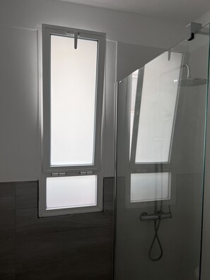 Shower, hair dryer, towels, soap