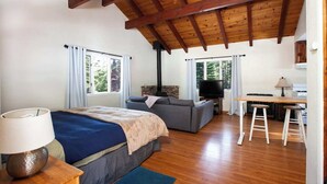 Ein Schlafzimmer mit Bett, Sofa, Fernseher, Schreibtisch und Kamin.