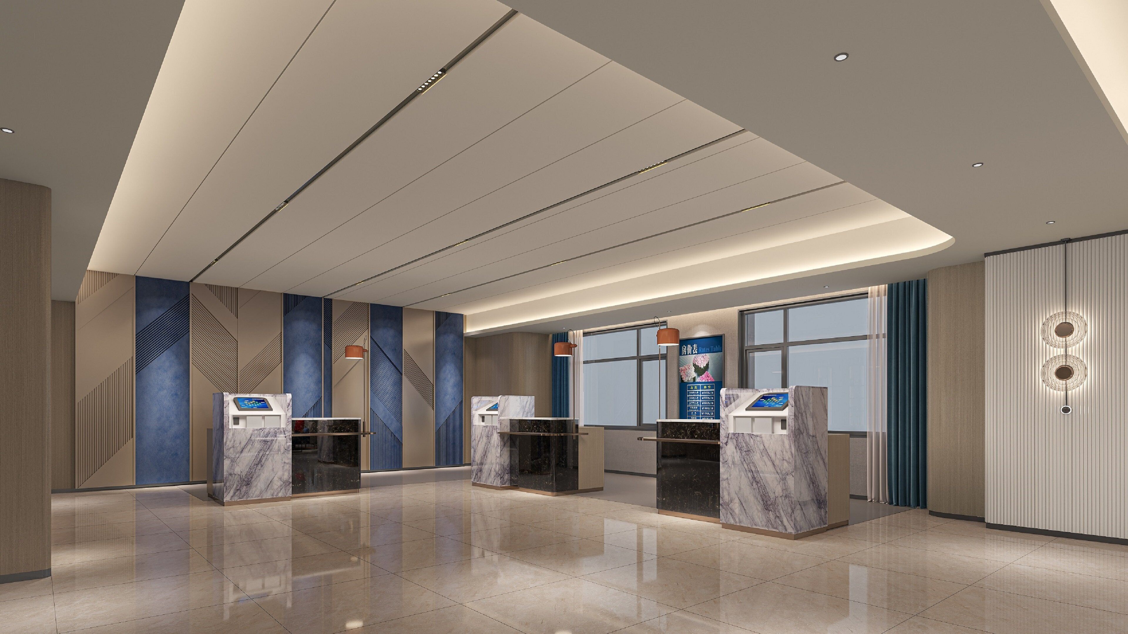 A modern reception area with marble counters, a large window, and a clean, reflective floor.