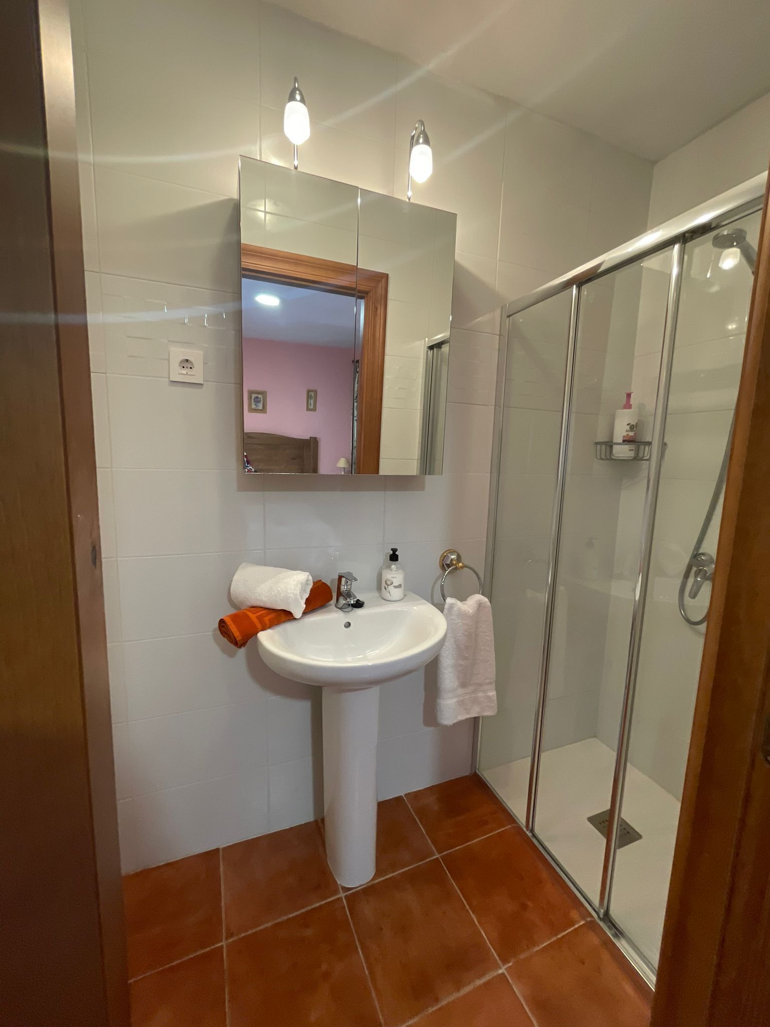 Un baño con lavamanos blanco, espejo, cabina de ducha de vidrio y perchero.