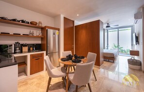 Fridge, microwave, stovetop, coffee/tea maker