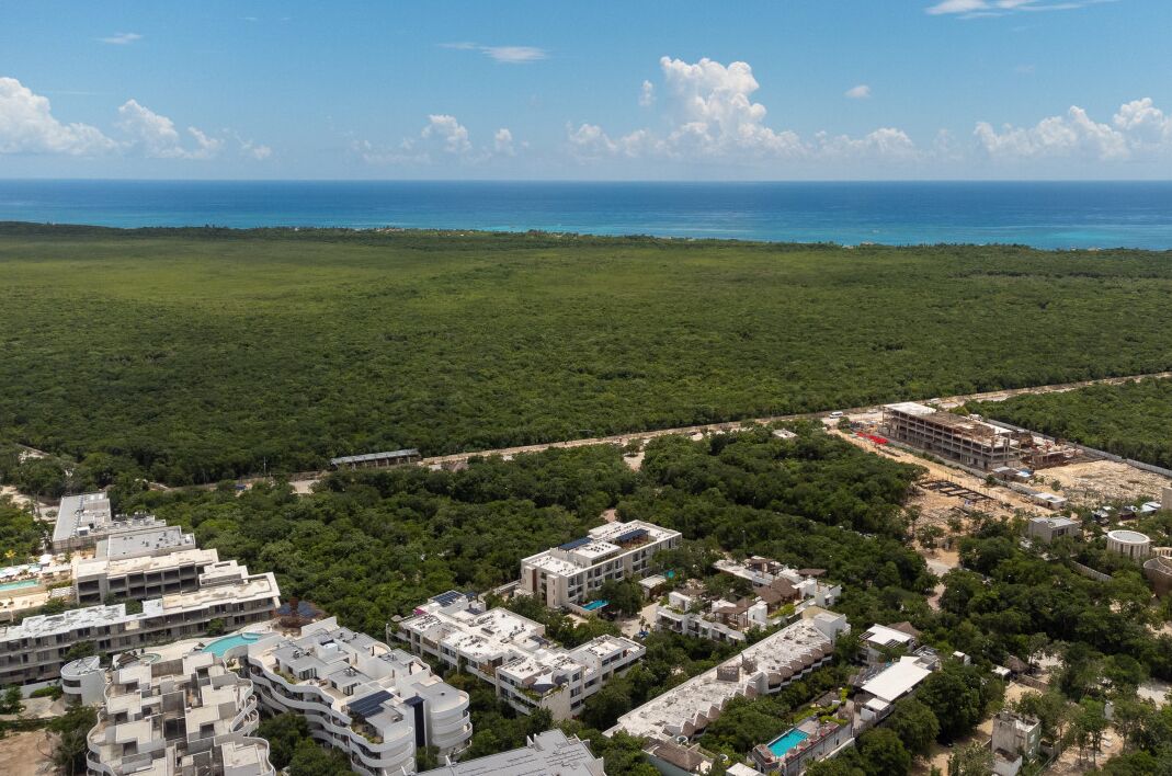 An aerial view of a coastal area with a mix of residential buildings and undeveloped land.