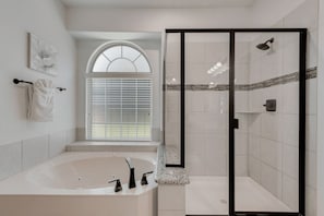 Hair dryer, towels, soap, shampoo