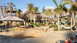 A beachside resort with thatched-roof structures, palm trees, and outdoor seating areas.