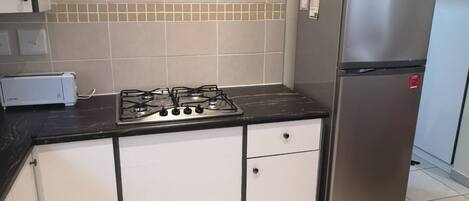 Fridge, microwave, stovetop, electric kettle