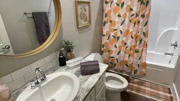 Hair dryer, towels, soap, shampoo