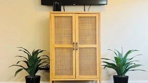 A wooden cabinet with a television above it, flanked by two potted plants. - Modern 3BR Townhome Near Kentucky Horse Park | Georgetown, KY (Georgetown)