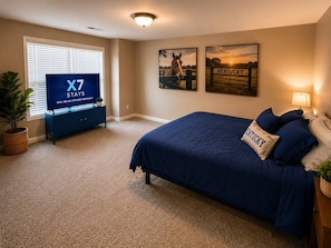 A bedroom with a large bed, a television, and two wall-mounted pictures.