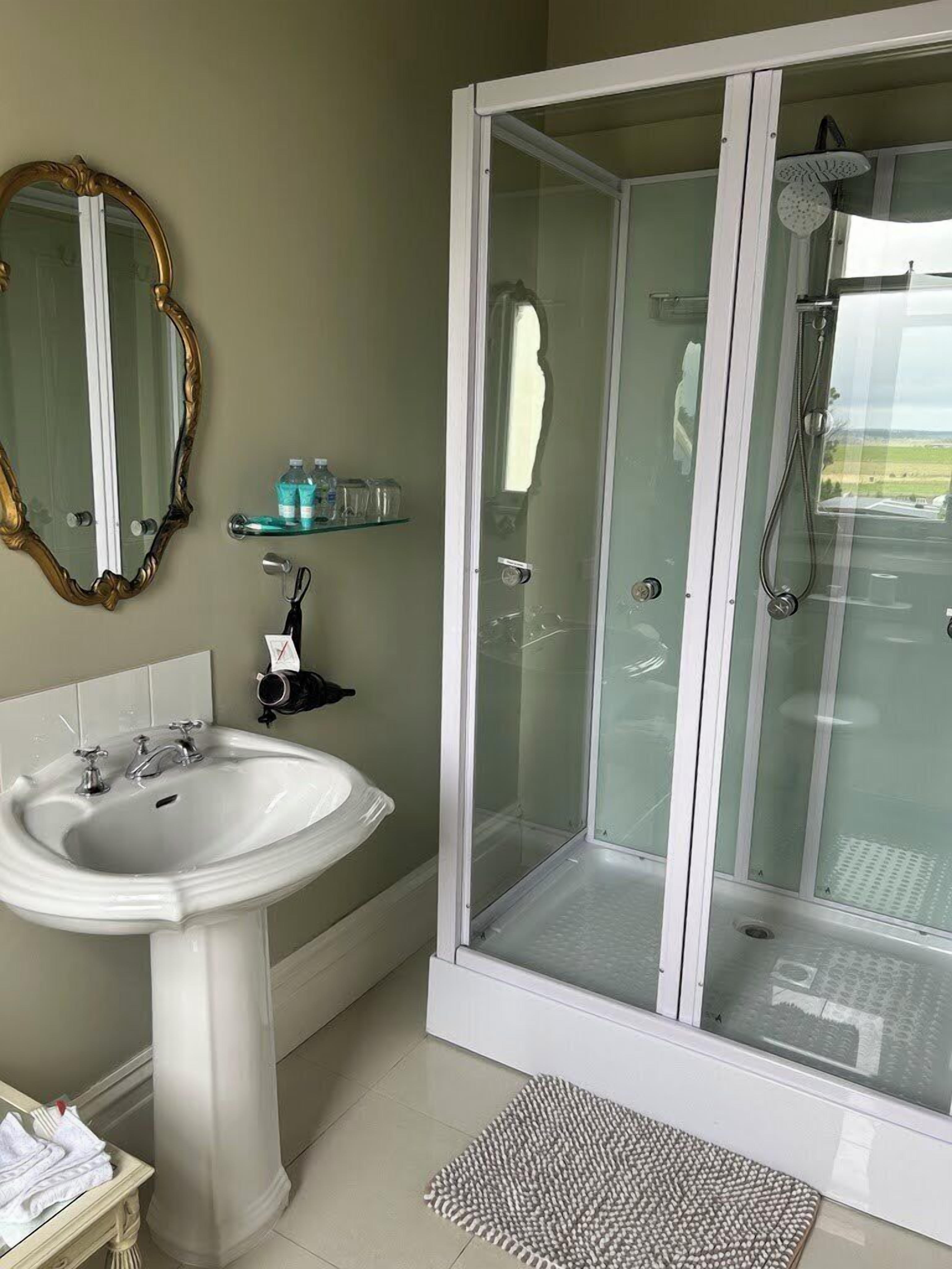 A bathroom with a white sink, a glass shower enclosure, and a mirror with an ornate frame.