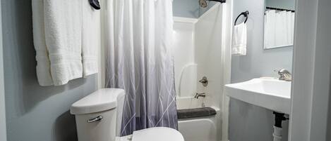 Ein Badezimmer mit Toilette, Dusche, Badewanne und Waschbecken.