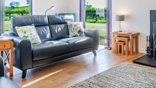 Un salon moderne avec un canapé en cuir, une petite table en bois et un tapis.
