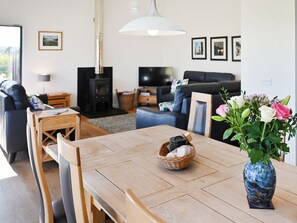 A modern living room with a sofa, a TV, a fireplace, and a dining area with a table and chairs. - The Longhouse at Threave (Castle Douglas)