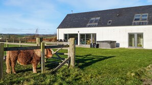 Une maison moderne avec une grande pelouse, un espace clos où se trouve un cheval, et un ciel dégagé.