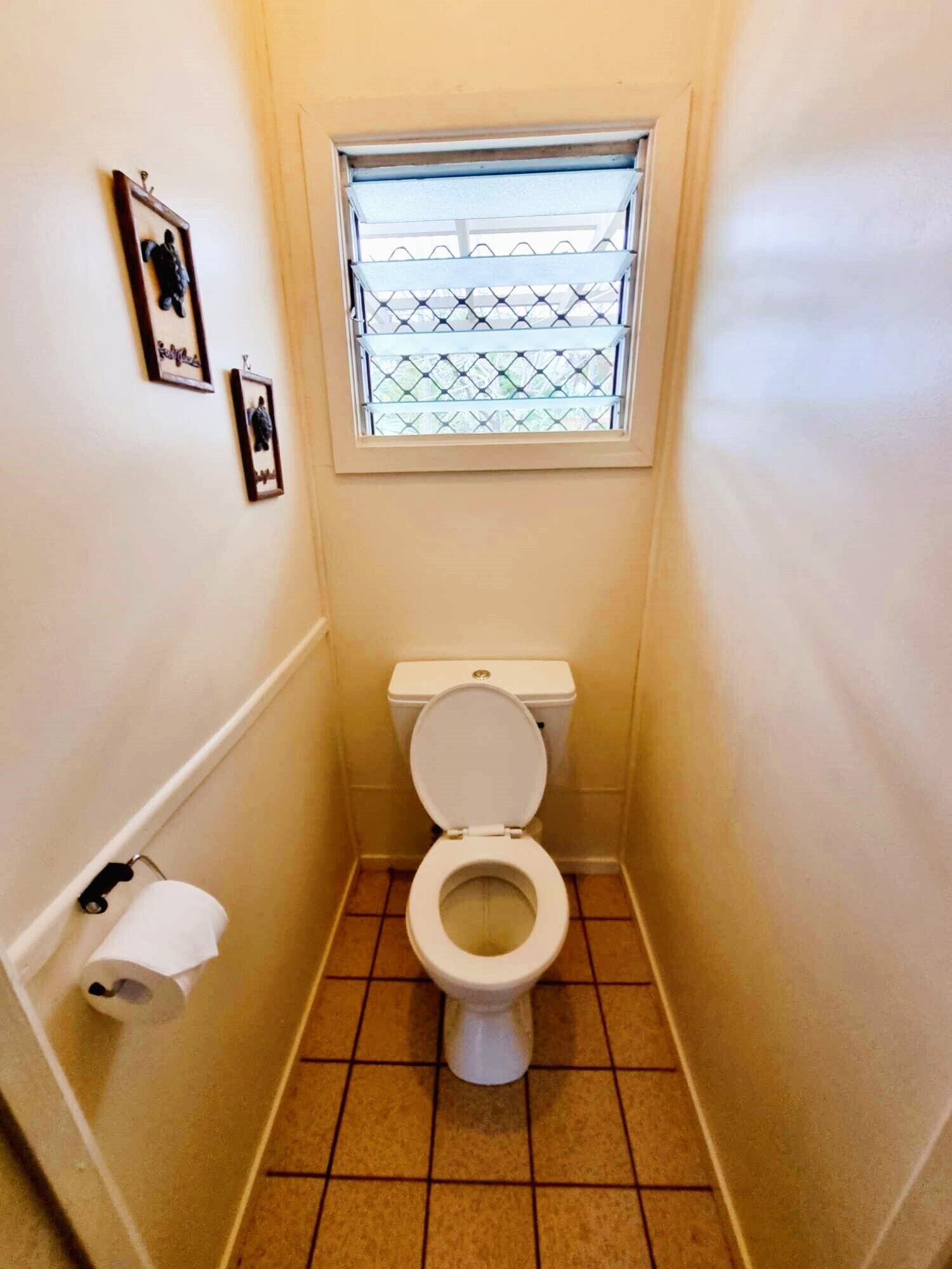 A small, narrow bathroom with a toilet, a window with a metal grid, and two framed pictures on the wall.