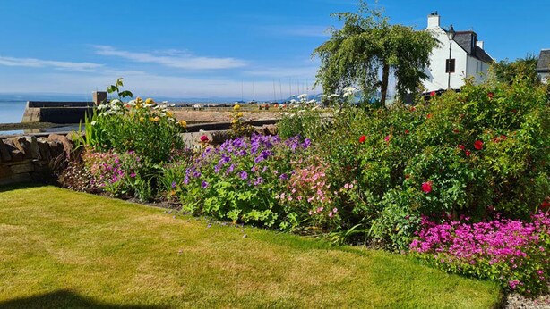 A coastal property with a white house, a garden with various flowers, and a view of the sea. - 2 bedroom accommodation in Fortrose (Fortrose)