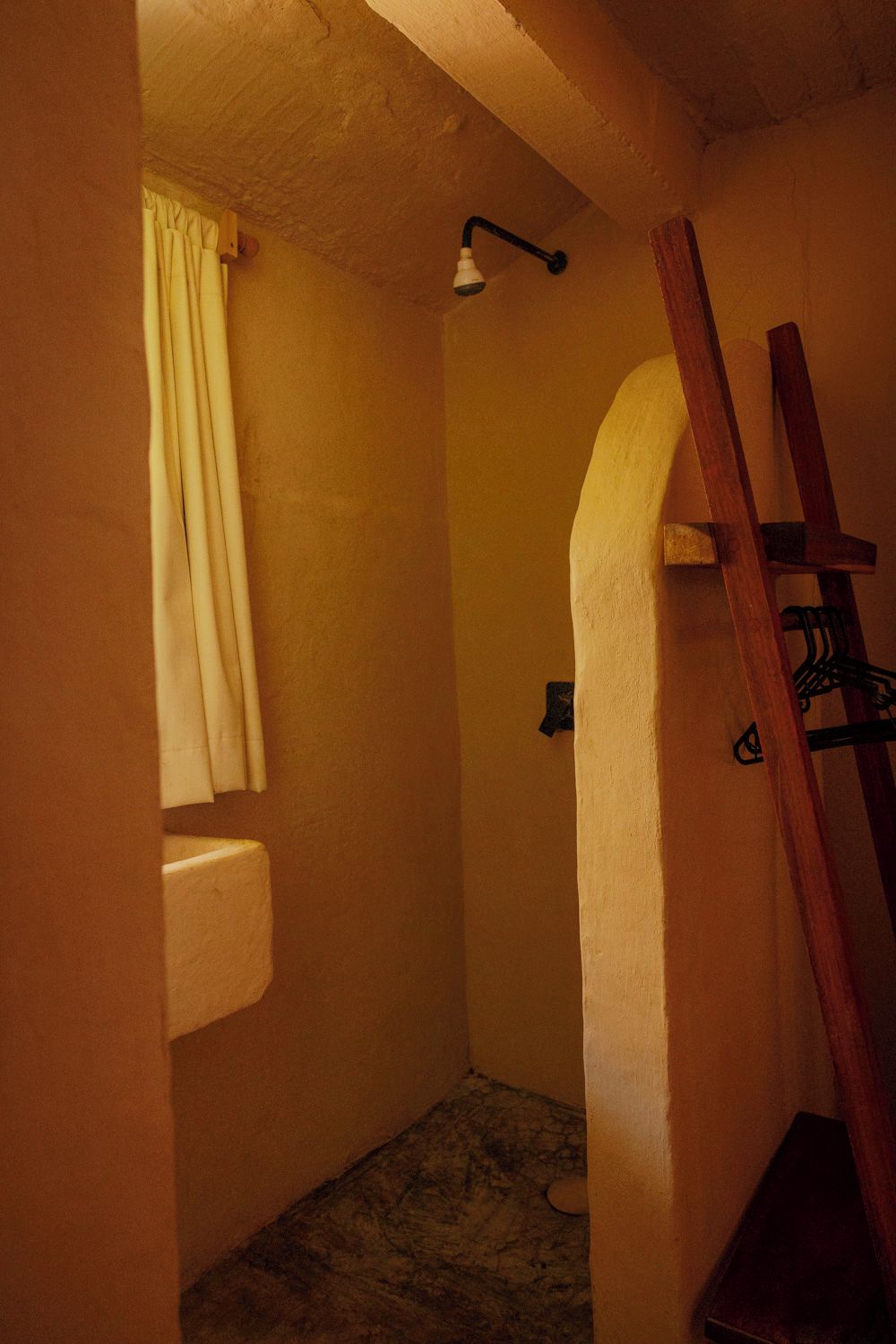 Un baño estrecho y poco iluminado, con un solo inodoro, una zona de ducha y una escalera de madera apoyada en la pared.