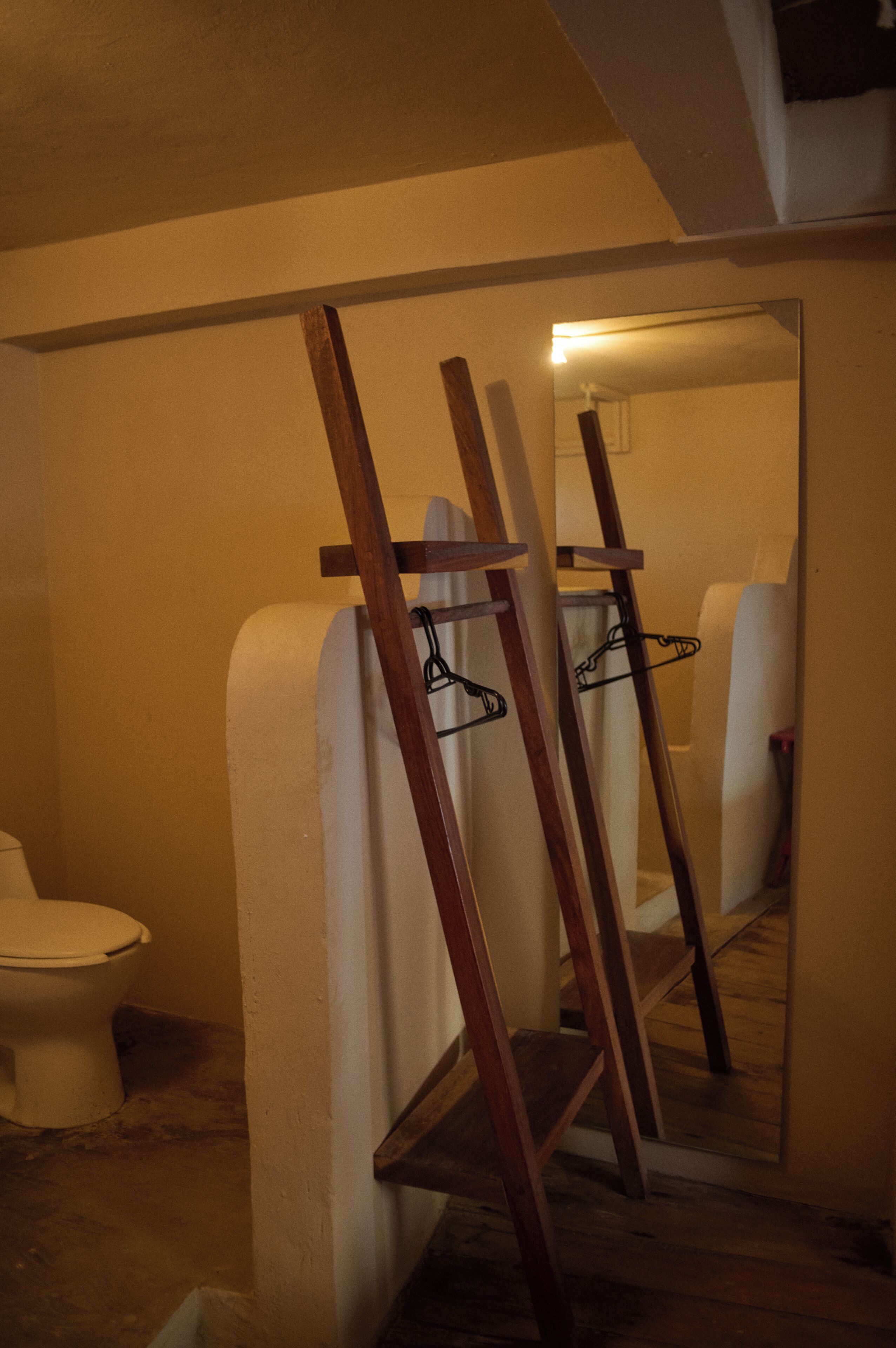 Et badeværelse med toilet, en træstige lænet op ad væggen og et spejl der viser rummet.