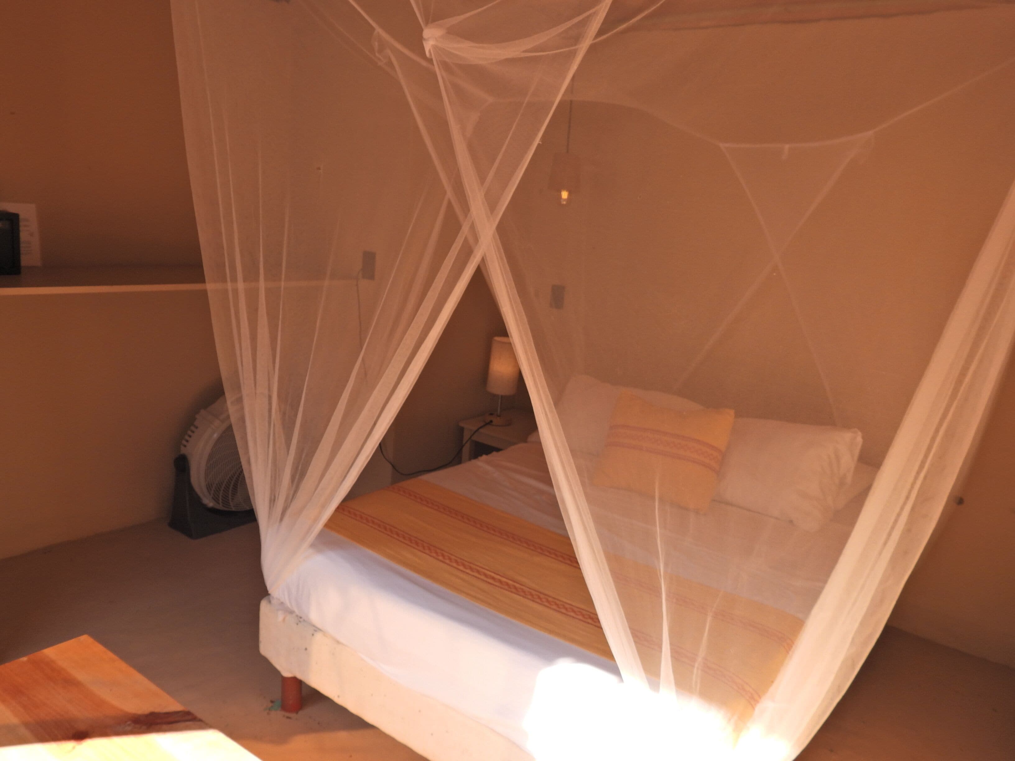A bed with a mosquito net, a bedside table with a lamp, and a wall-mounted TV.