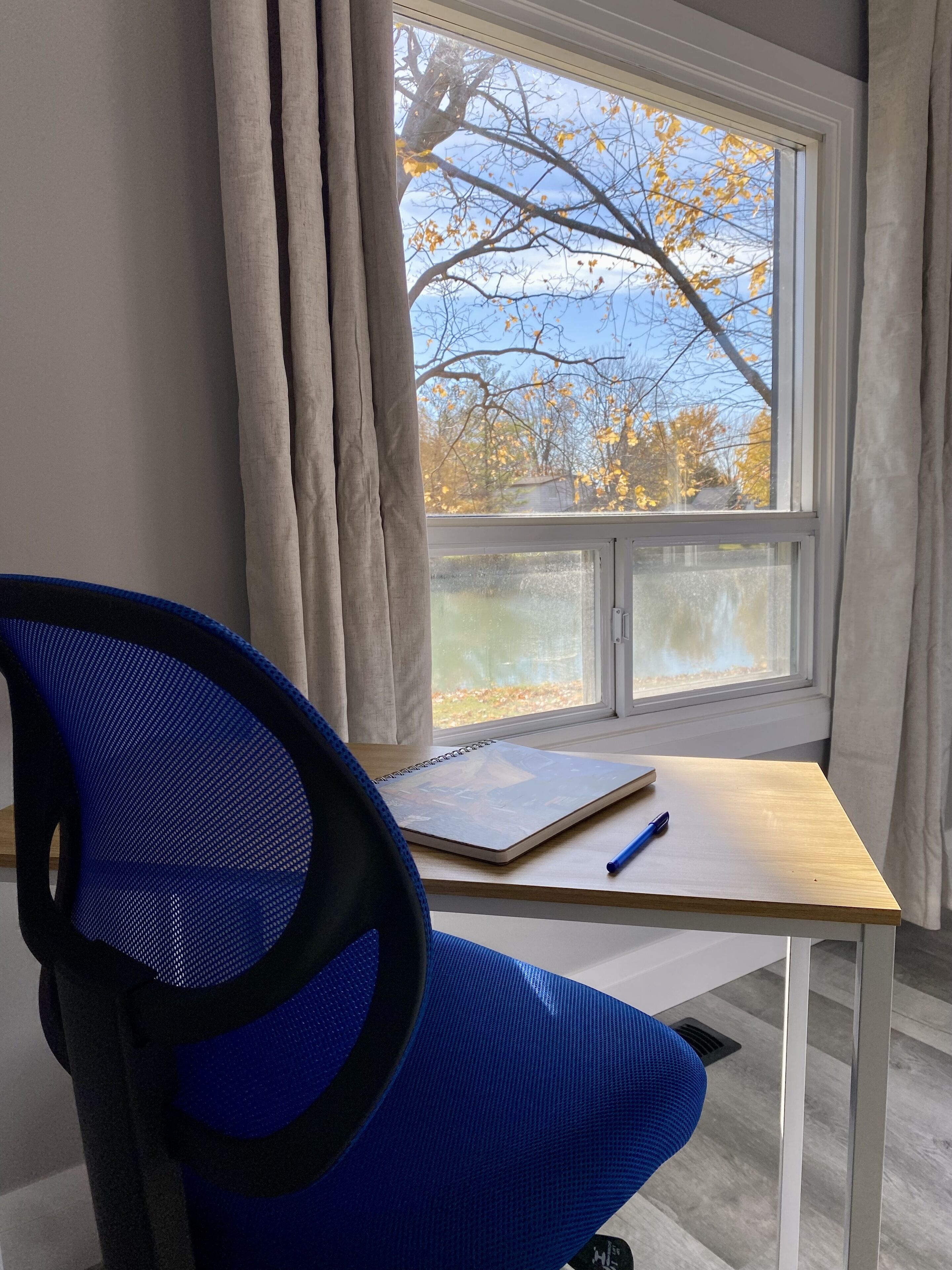 A room with a desk, a chair, a window with a view of trees, and a curtain.