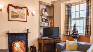 Een gezellige woonkamer met een open haard, een televisie, een boekenkast en een kerstboom.