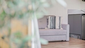 Un salon moderne avec un canapé gris, un coussin décoratif et une plante au premier plan.