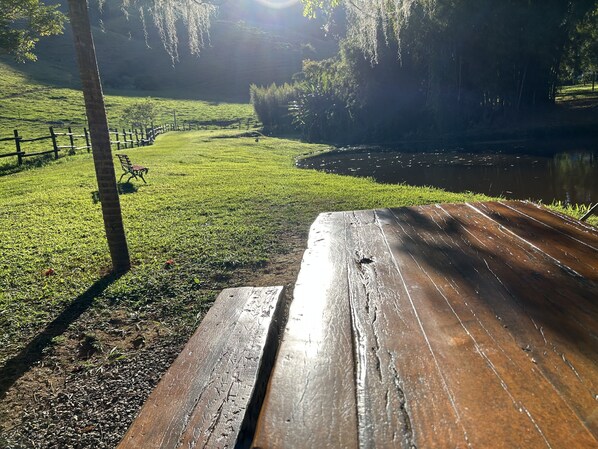 Un banco de madera con vistas a un área verde con una valla y un cuerpo de agua.