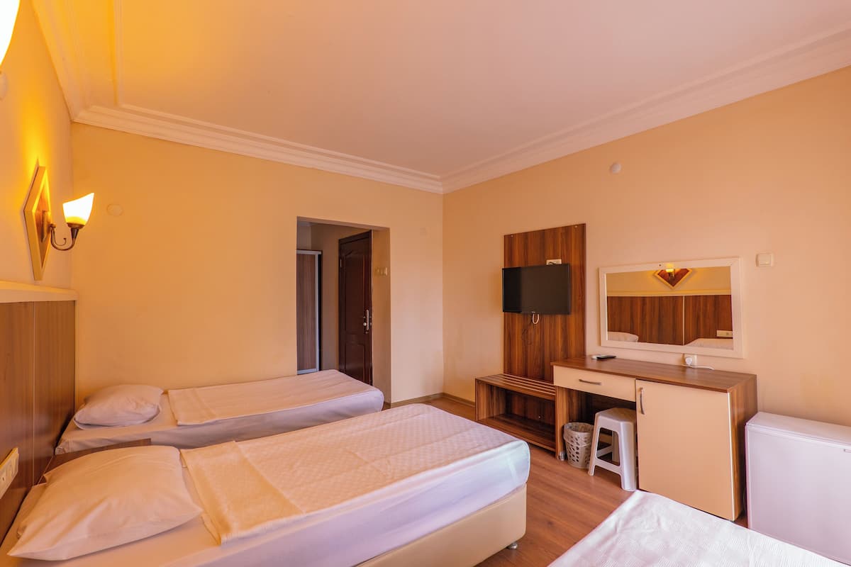 A hotel room with two single beds, a desk with a TV, a small fridge, and a wooden cabinet.