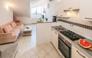 Fridge, stovetop, dishwasher, coffee/tea maker