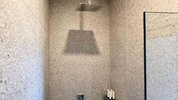 A modern shower with a rain showerhead, a glass enclosure, and a shelf with toiletries.