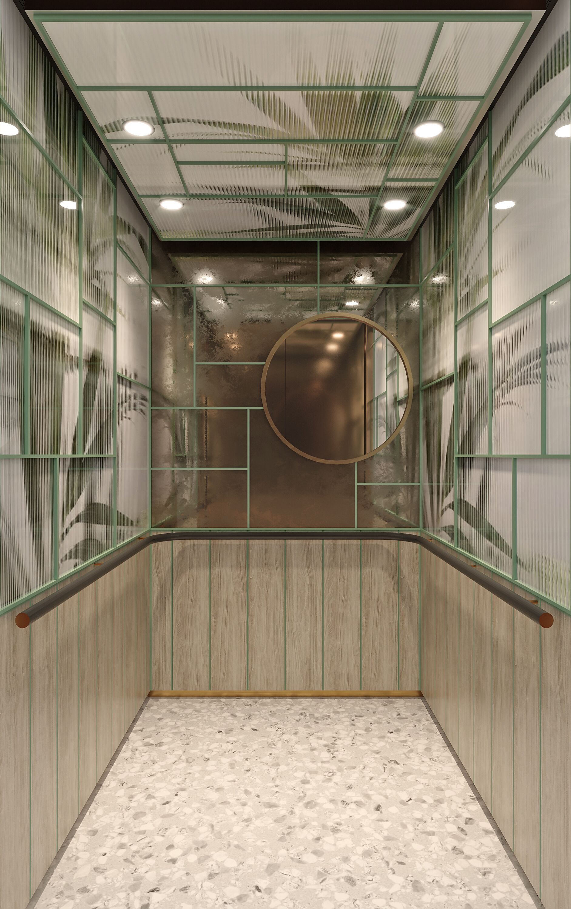 An elevator with a circular mirror, green-framed glass panels, and a terrazzo floor.