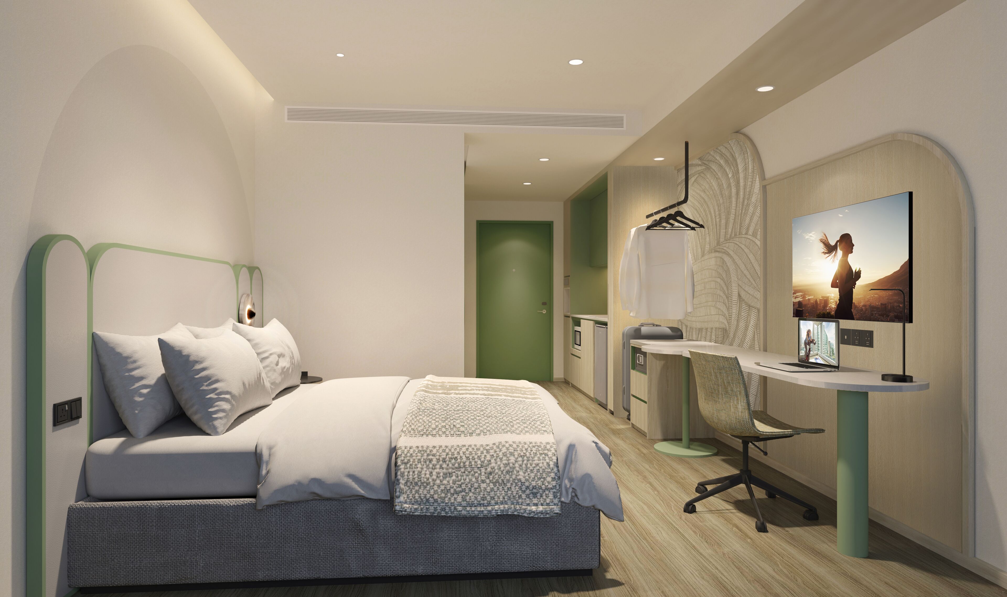 A modern hotel room with a bed, desk, chair, and a TV displaying a scenic view.