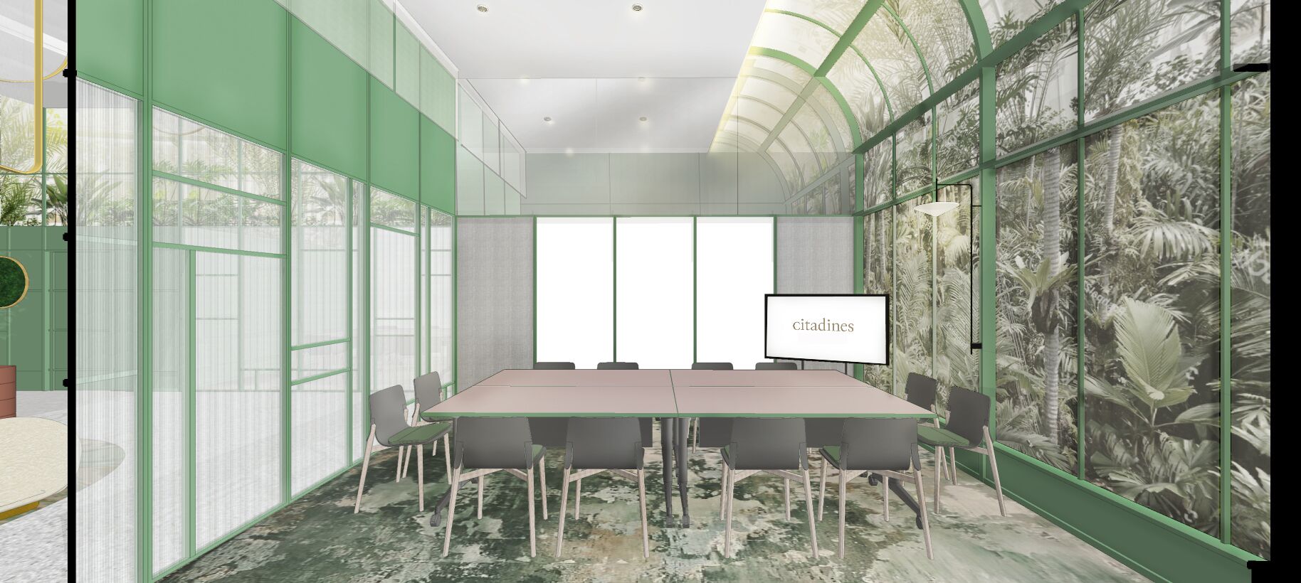 A conference room with a long table and chairs, surrounded by large windows with a green frame, and a mural of tropical plants on one wall.