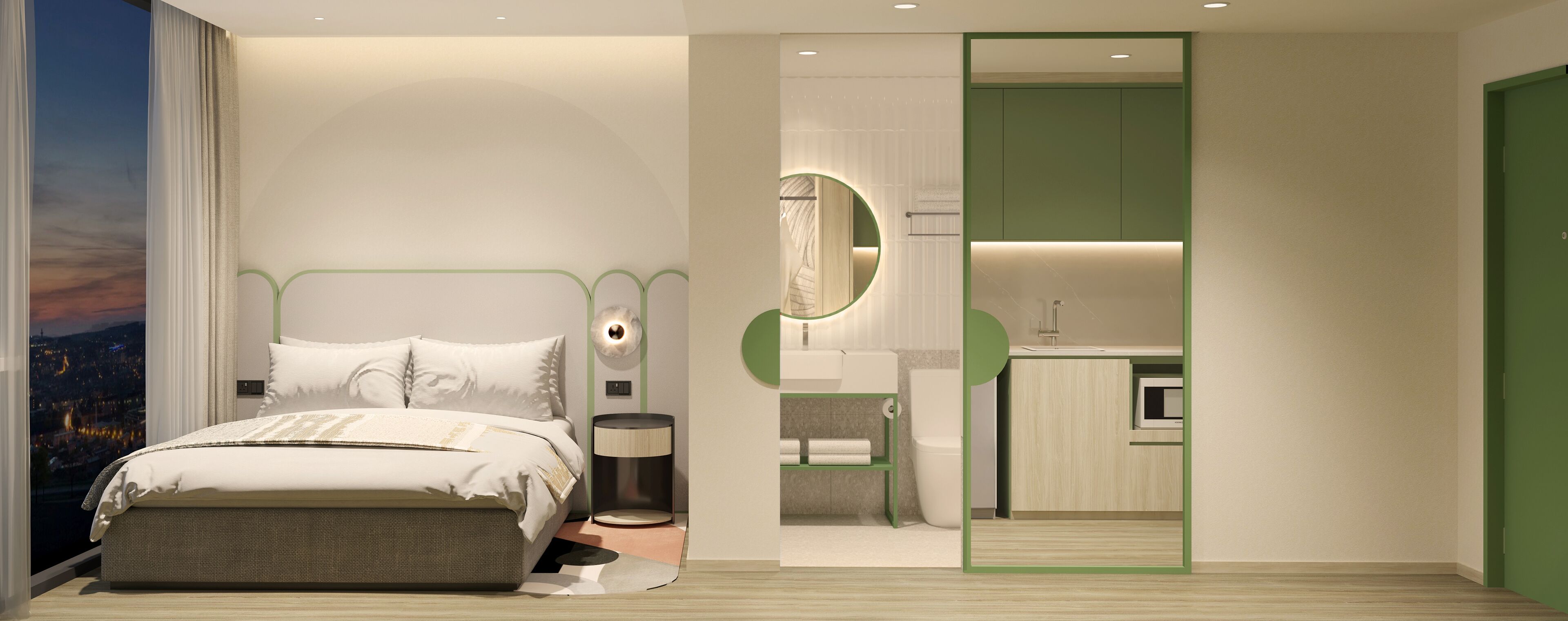 A modern bedroom with a large bed, bedside table, and a view of a cityscape at dusk.
