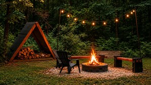 A forested outdoor area with a fire pit, chairs, and a wooden structure. - Wild And Wonderful Silos (Harpers Ferry)