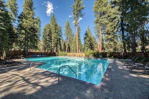 A rectangular swimming pool surrounded by lounge chairs and a wooden fence, with tall trees in the background.