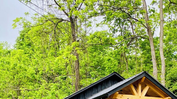 A rustic cabin with a covered porch, a gravel driveway, and a seating area with chairs. - Charming Cottage Retreat in Lewistown – Sleeps 4 (Lewistown)