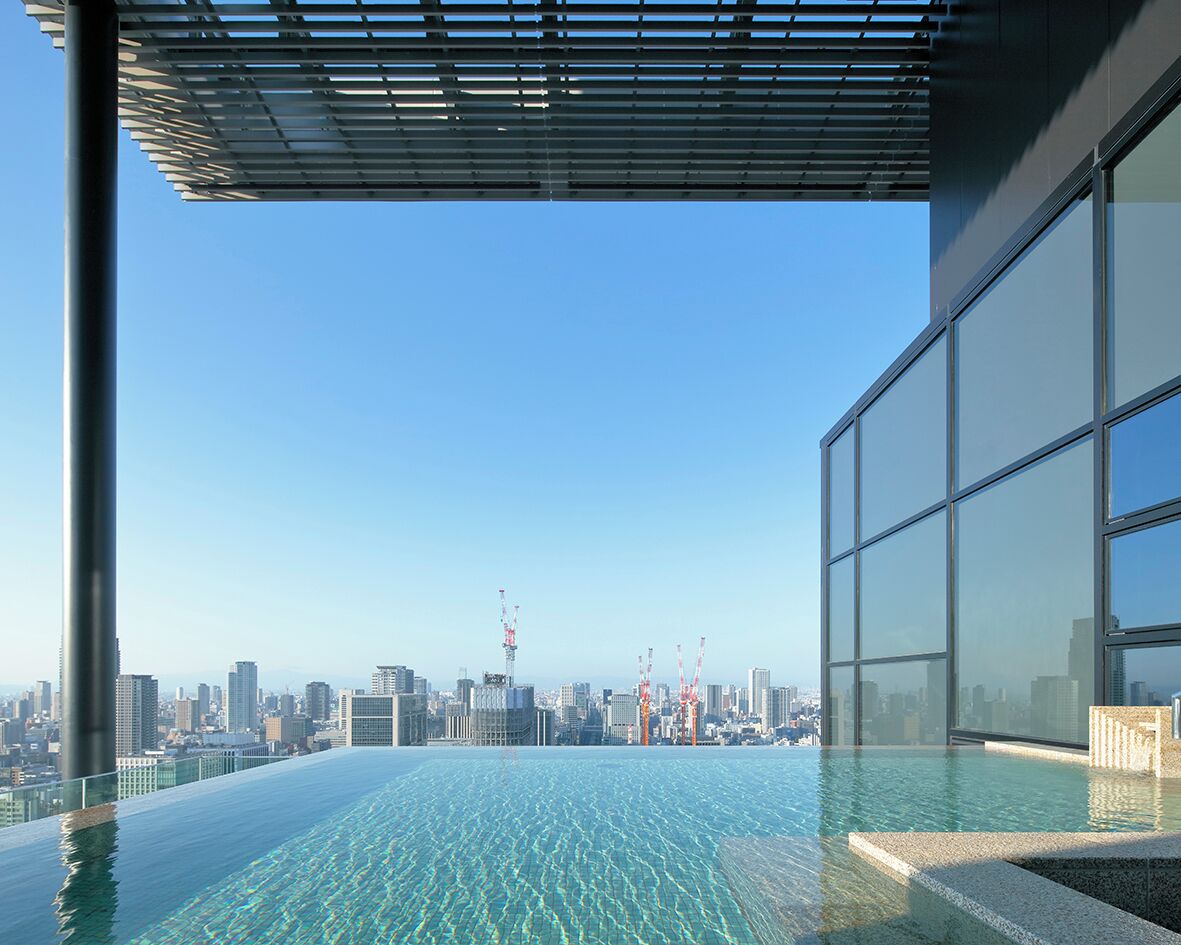 A rooftop infinity pool with a city skyline view, large glass windows, and a modern architectural design.