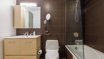 Hair dryer, towels, soap, toilet paper