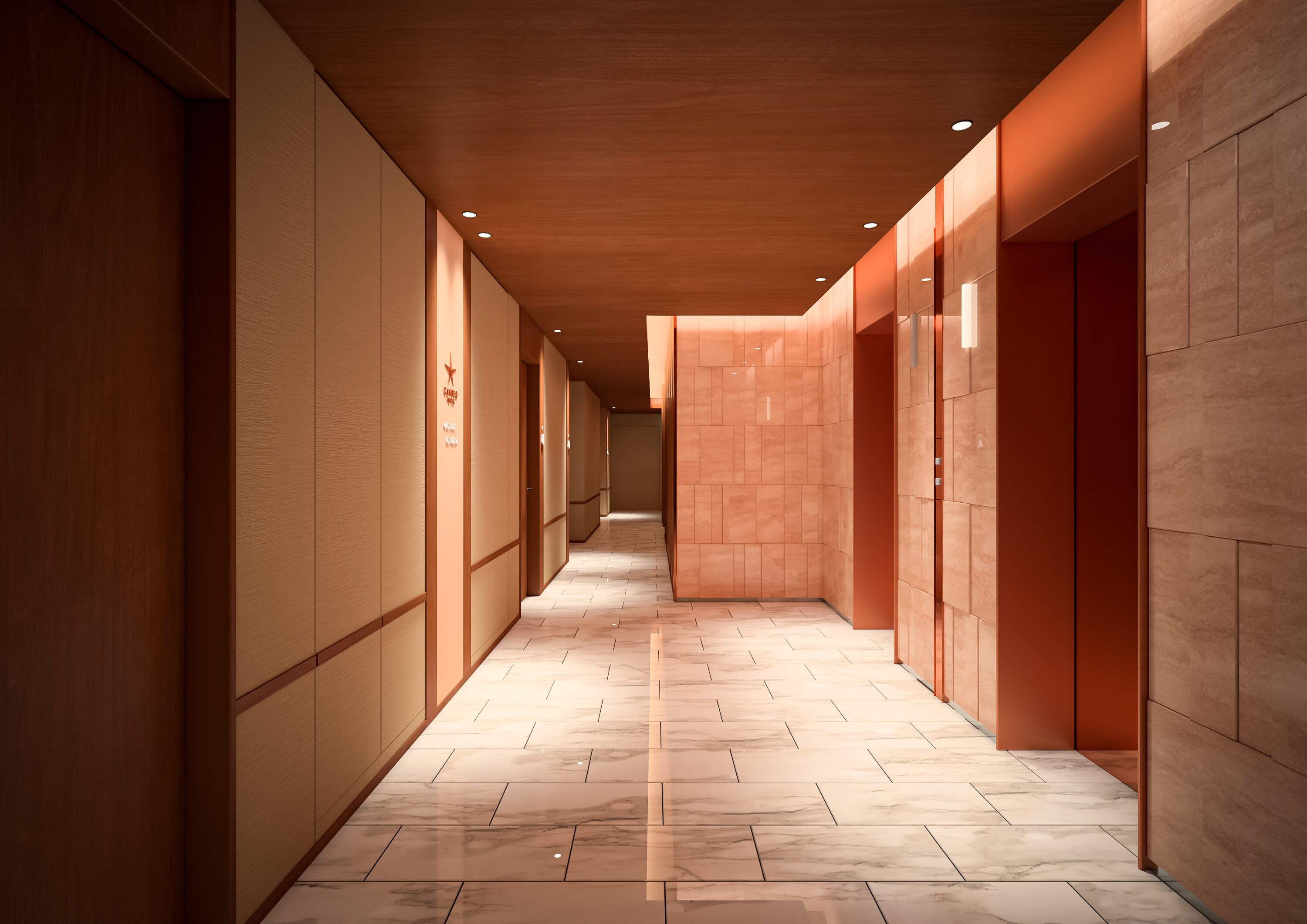 A modern hallway with wooden paneling and tiled flooring, leading to a door with a sign.