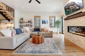 Smart TV, fireplace, video games, music library
