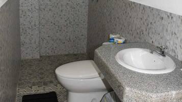 Habitación básica | Baño | Ducha, jabón y champú