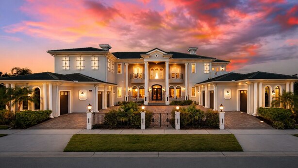 A large, two-story house with a symmetrical facade, a central entrance with a portico, and a well-maintained front lawn. - Mansion at Reunion | 11BR Luxe Stay w/ Private Pool, Theater, Arcade, and Themed Rooms near Disney (Kissimmee)