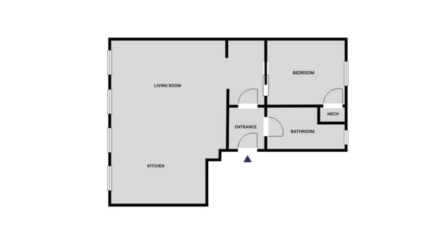 Planta baixa mostrando uma sala de estar, cozinha, quarto, banheiro e um cômodo de serviço.