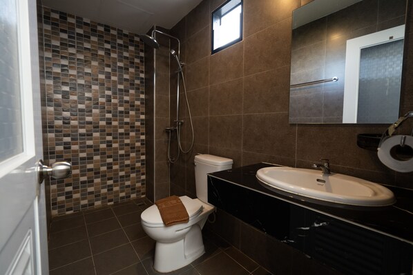 A bathroom with a tiled shower, a toilet, a sink, and a mirror.